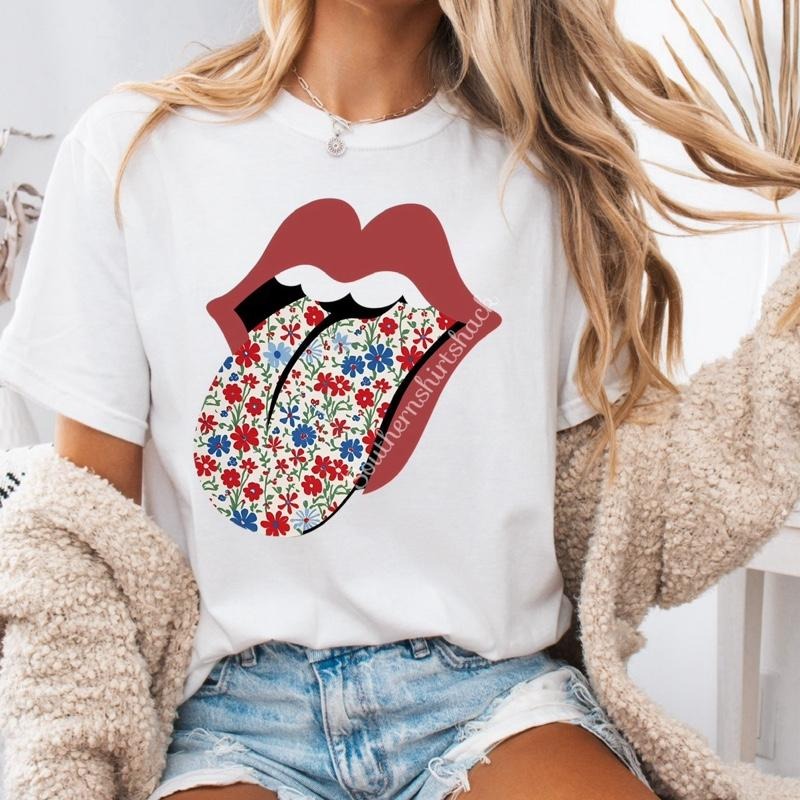 Red White Blue Floral Tongue t shirt  | white comfort colors t shirt | Patriotic Shirt Hoodie Sweatshirt | PrintMintTees.com