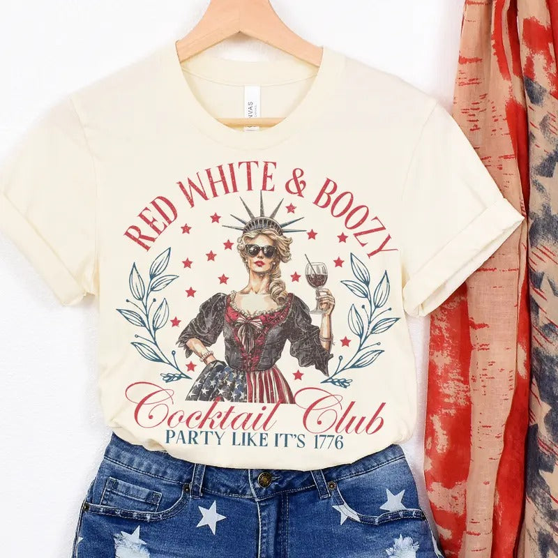 Red White and Boozy Cocktail Club Tshirt Red White and Trashy USA Racoon Tshirts 4th of July Lady Liberty Tee Red White...