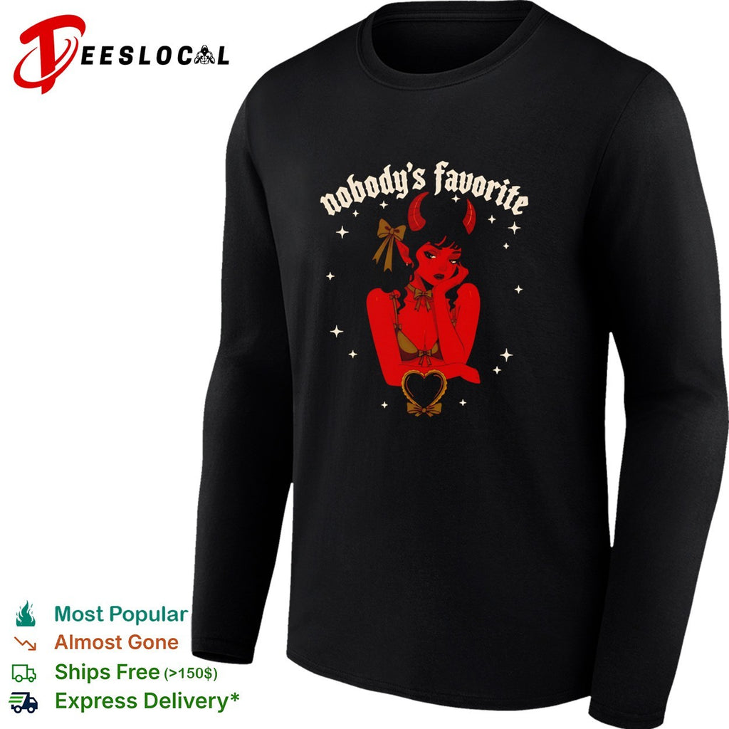 Red devil girl resting chin on hand nobody’s favorite shirt