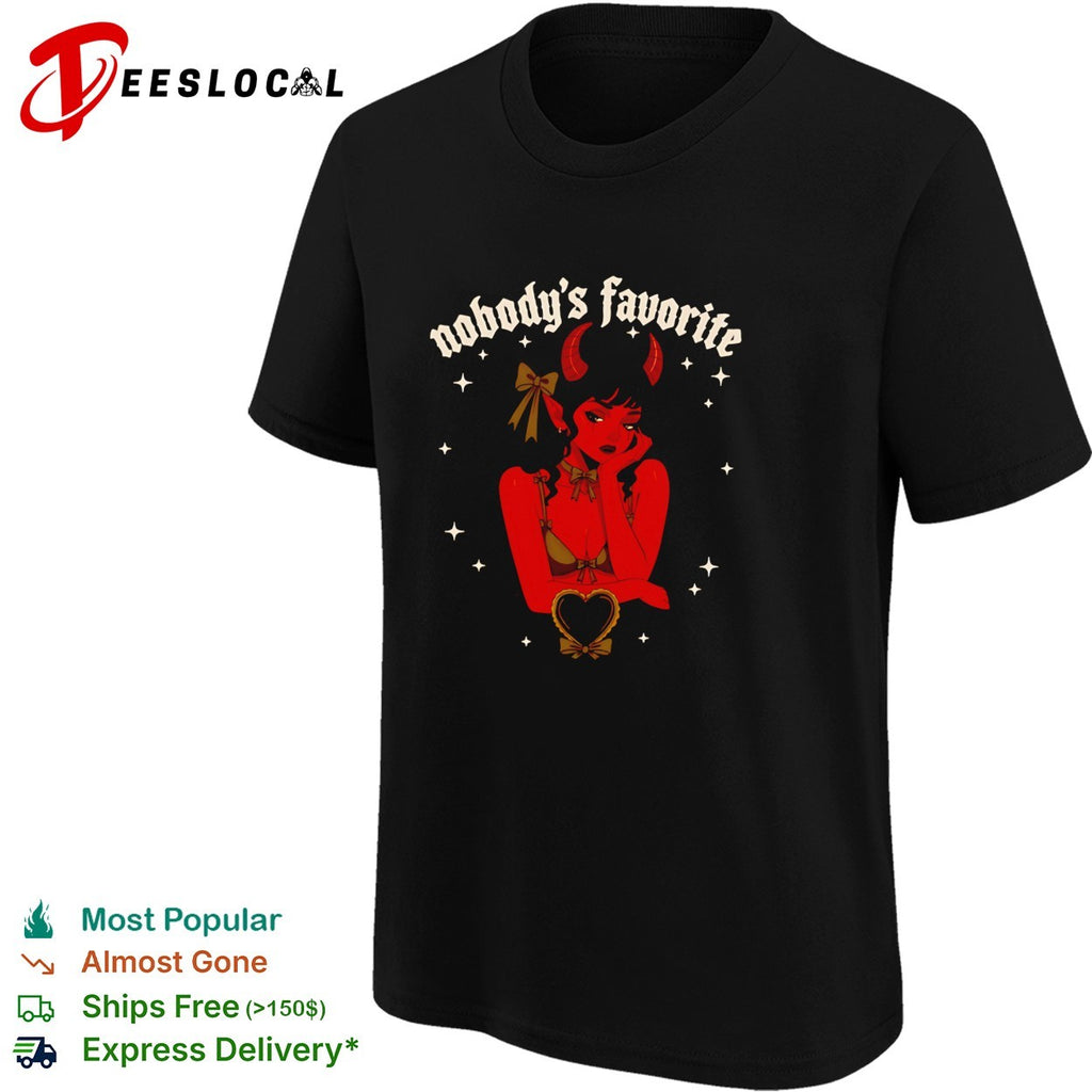 Red devil girl resting chin on hand nobody’s favorite shirt