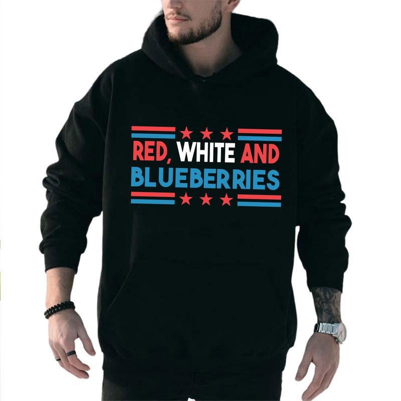 Red, White and Blueberries Patriot American Flag Graphic Hoodie Casual Fleece Fabric Hooded Sweatshirt Trendy Tops for...