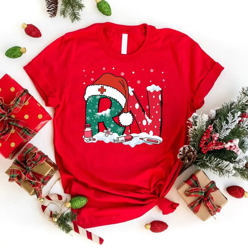 Registered Nurse Christmas T-shirt, Christmas RN Shirt, Xmas Nursing Tee, Christmas Gift for Nurse Fabric Festive Hoodie...
