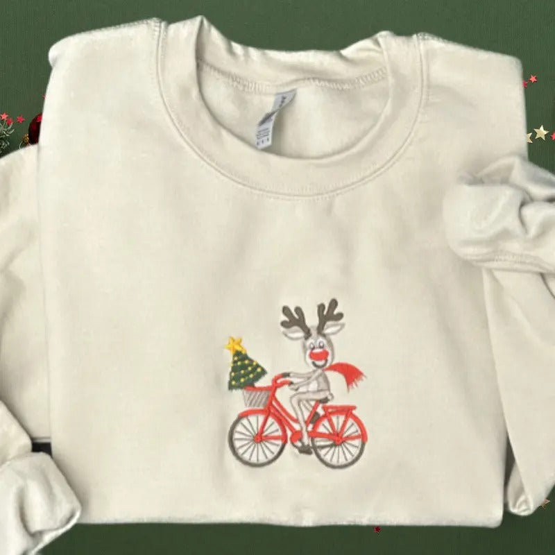 Reindeer on a bike embroidered Crewneck Sweatshirt Shirt Hoodie | PrintMintTees.com