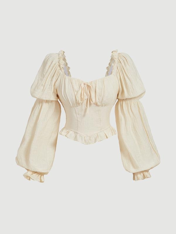 Renaissance Peasant Corset Tops Puff Long Sleeve Ruched Bust Ruffled Peplum Sweetheart Blouse Women's Summer Outfits...