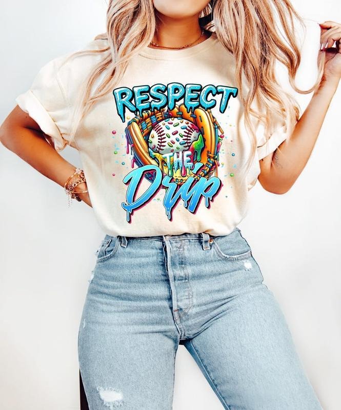 Respect The Drip Baseball Tee tshirt, Retro Sporty Print, Game Day Essential tshirt, women tops, shirt for women Hoodie...