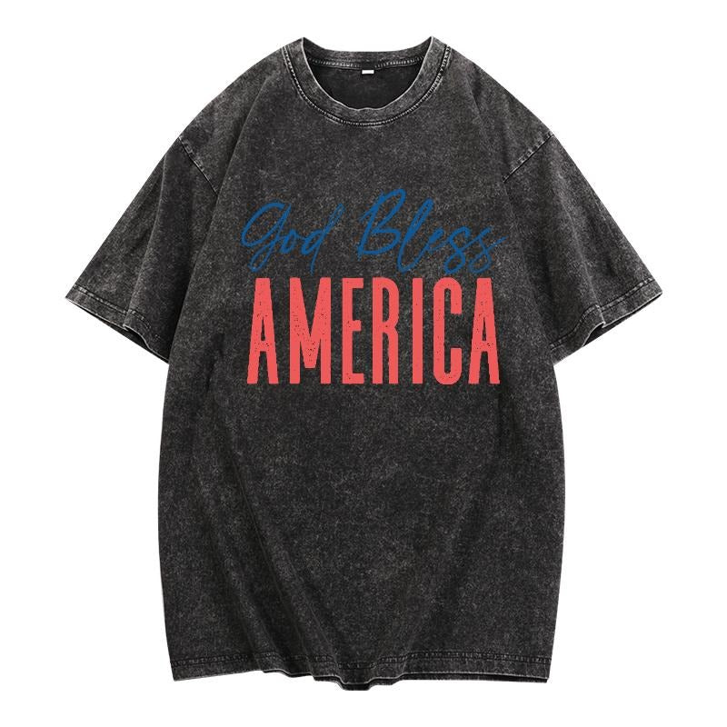 Retro - inspired Washed T - Shirt: 'God Bless America'