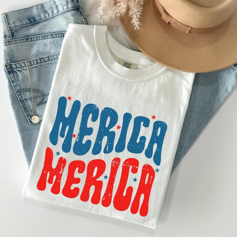Retro 'Merica, America, Red White Blue, Patriotic, Tshirt, Women's Crew Neck, Crewneck Hoodie Sweatshirt | PrintMintTees.com
