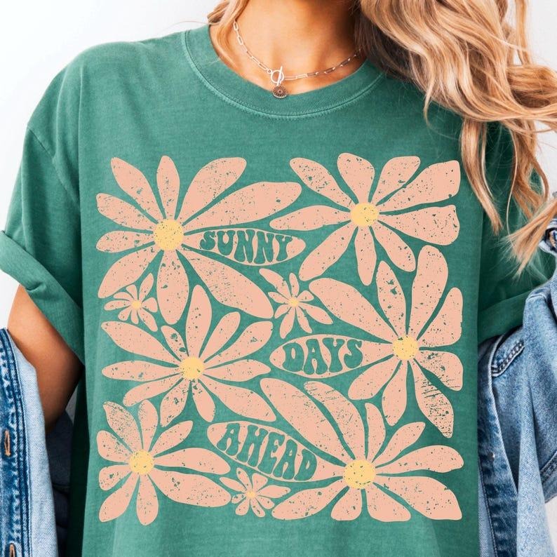 Retro "Sunny days ahead" boho hippie floral T-shirt,Classic Retro Graphic Unisex Tee Gift For Men and Women Hoodie Sweatshirt