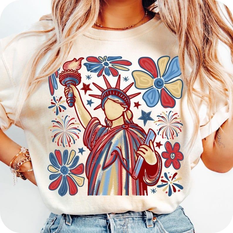 Retro 4th July Statue of Liberty, 4th July t-shirt, America USA sweatshirt, America 4th July t-shirt, Boho Floral 4th Of...