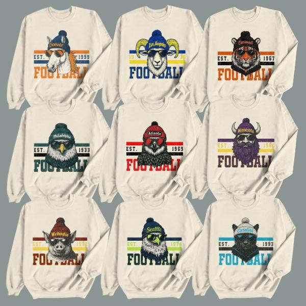 Retro All Team Football Sweatshirt, Bold Animal Mascot Crewneck for Game Day, Unisex Sport Pullover, Gift for Him Her,...