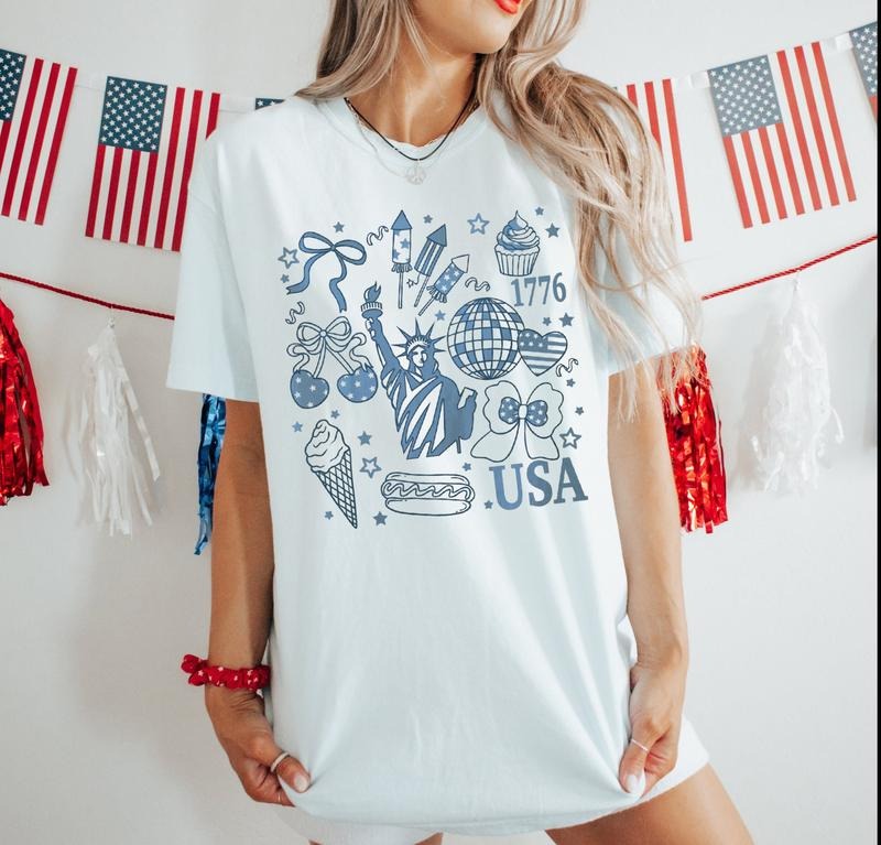 Retro America Coquette Shirt, Preppy 4th of July, Girly Memorial Day Graphic Tee, Vintage USA Independence Day, Land of...