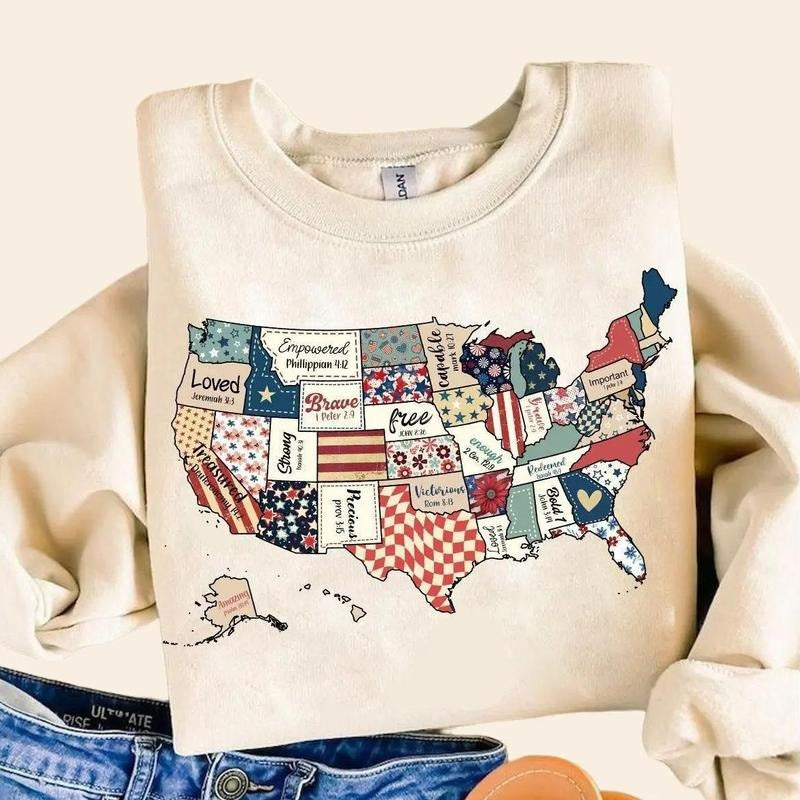 Retro America Map Sweatshirt 4th of July USA Patriotic Crewneck Bible Verse Vintage American Flag Shirt 100% Cotton Hoodie