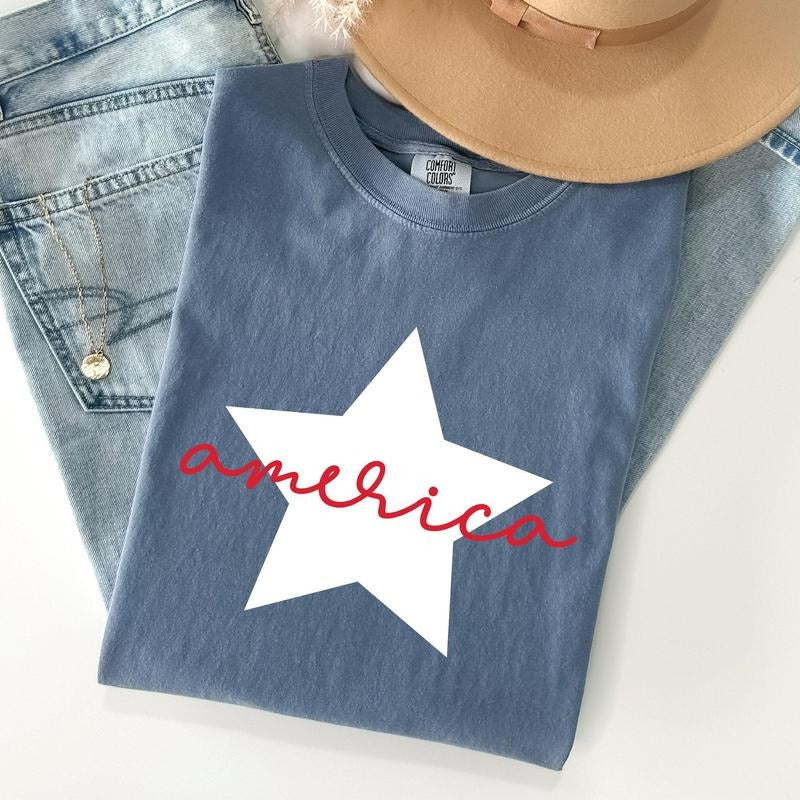 Retro America Star, Red White Blue, 4th of July Tshirt, Women's Crew Neck, Crewneck Hoodie, Sweatshirt | PrintMintTees.com