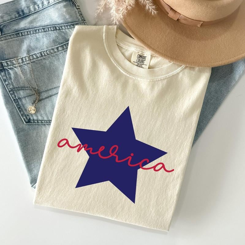 Retro America Star, Red White Blue, Patriotic, Tshirt, Women's Crew Neck, Crewneck Hoodie, Sweatshirt | PrintMintTees.com