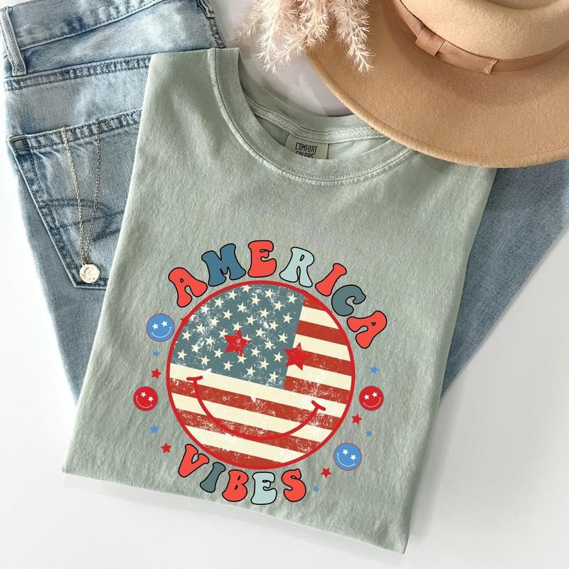 Retro America Vibes, Patriotic, 4th of July Tshirt, Women's Crew Neck, Crewneck Hoodie Sweatshirt | PrintMintTees.com