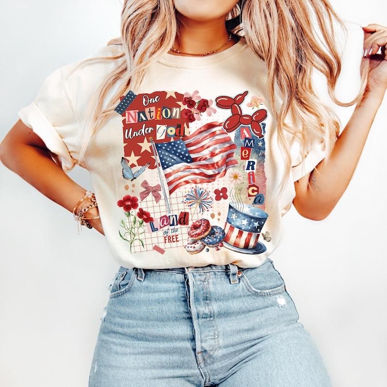 Retro America tshirt, Trendy America Patchwork shirt, 4th of July tshirt, Vintage Memorial Day shirt, USA tshirt,...