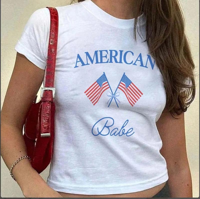 Retro American Babe Baby Tee, USA Flag Baby Tee, USA Independence Day T-Shirt, 4th Of July Baby Tee, Fourth Of July Baby...