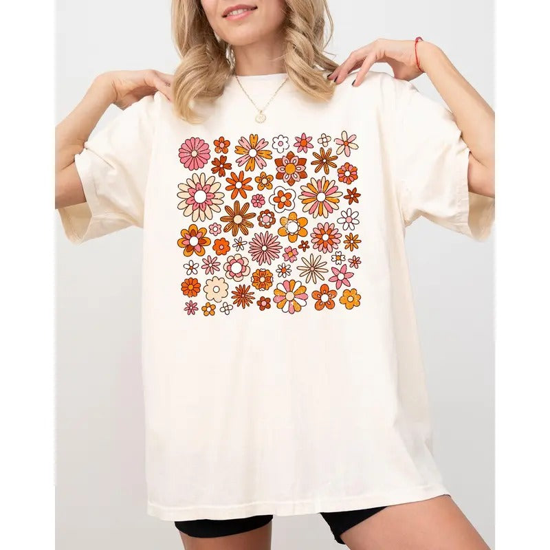 Retro Autumn Flowers, Vintage, Colorful, Floral Pattern, Fall, Thanksgiving, Halloween Shirt, Women's Comfort Color Tee,...