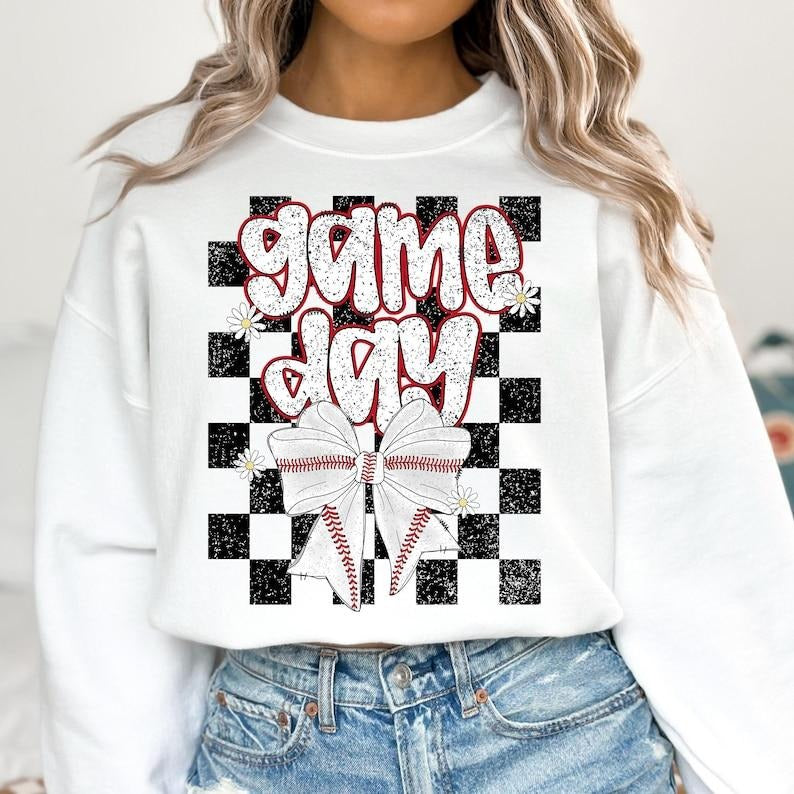 Retro Baseball Coquette , Game Day Baseball ,Baseball Mom , Checkered Bow Sweatshirt Shirt Hoodie | PrintMintTees.com
