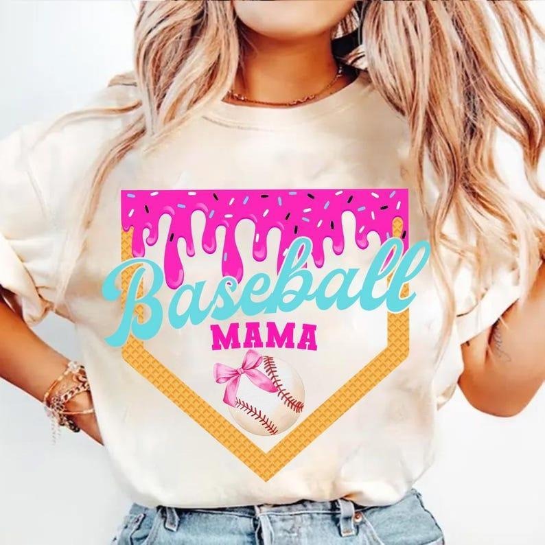 Retro Baseball Mom Shirt, Dripping Ice Cream Design, Fun Game Day Tee,   Womenswear Top shirts Hoodie Sweatshirt