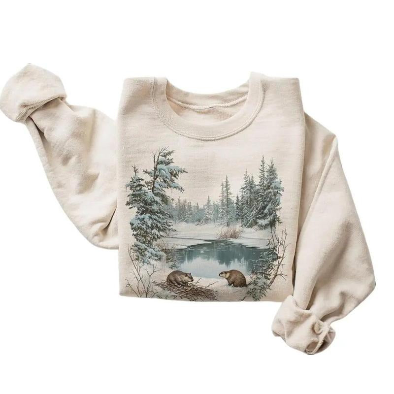 Retro Beavers Winter Pond Snowy Scene Sweatshirt