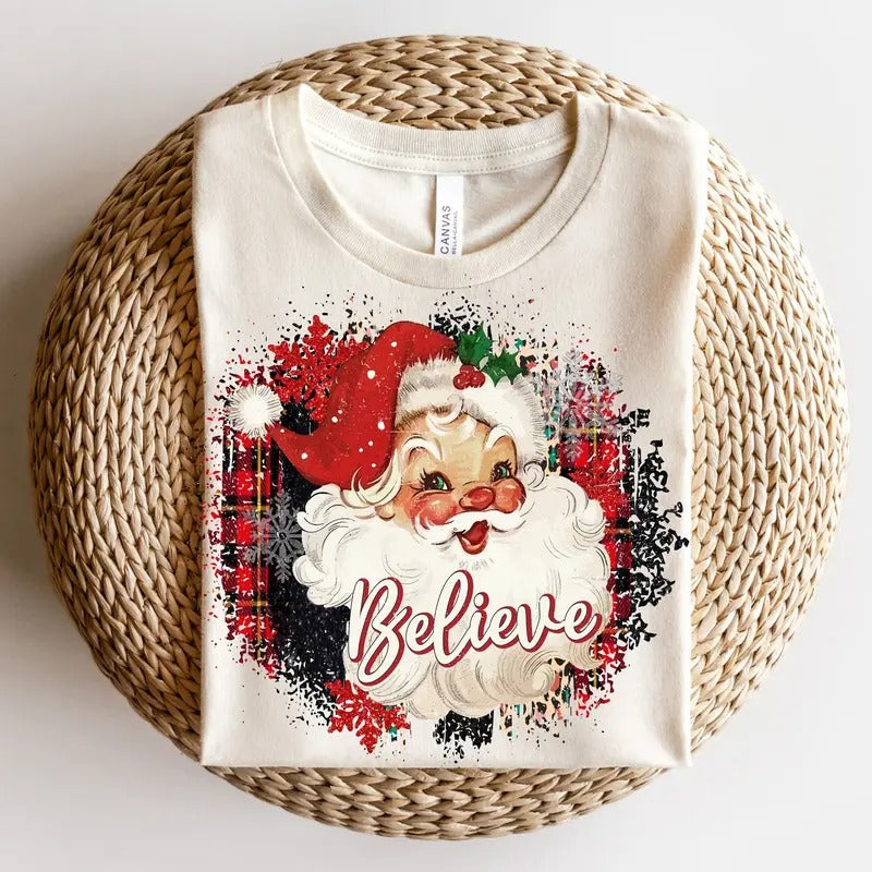 Retro Believe Santa Sweatshirt - Classic Holiday Clothing, Unisex Cotton Crewneck Shirt Hoodie | PrintMintTees.com