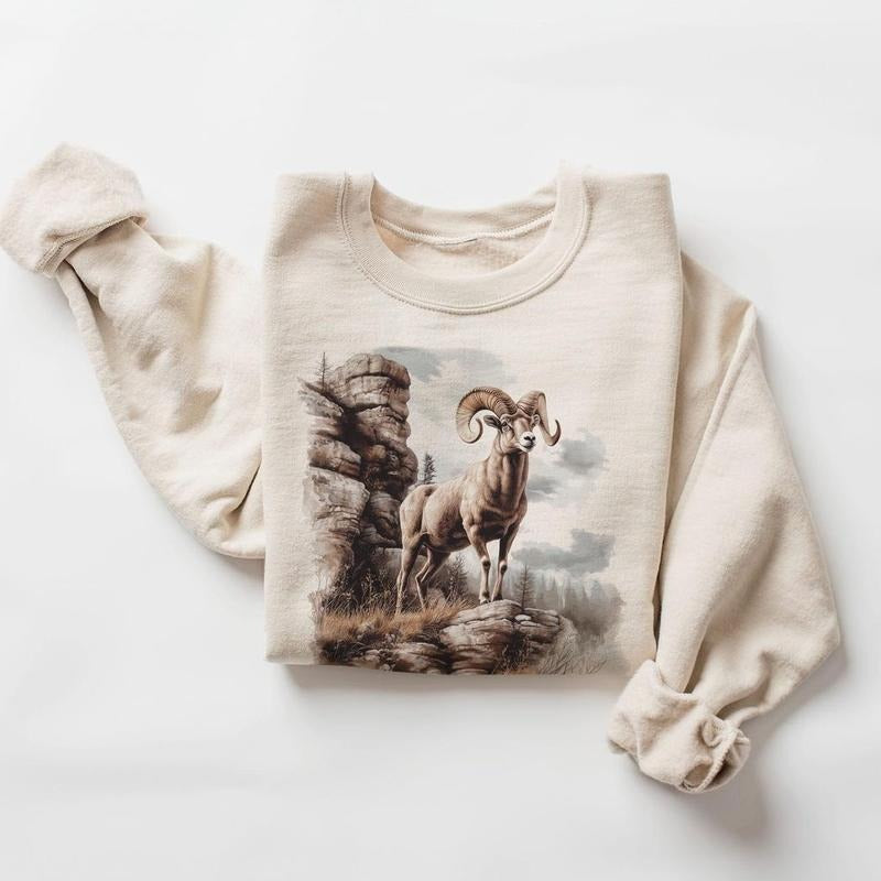 Retro Big Horn Sheep Cliff Scene Sweatshirt - 90s North American Animals Canyon Wilderness Scene