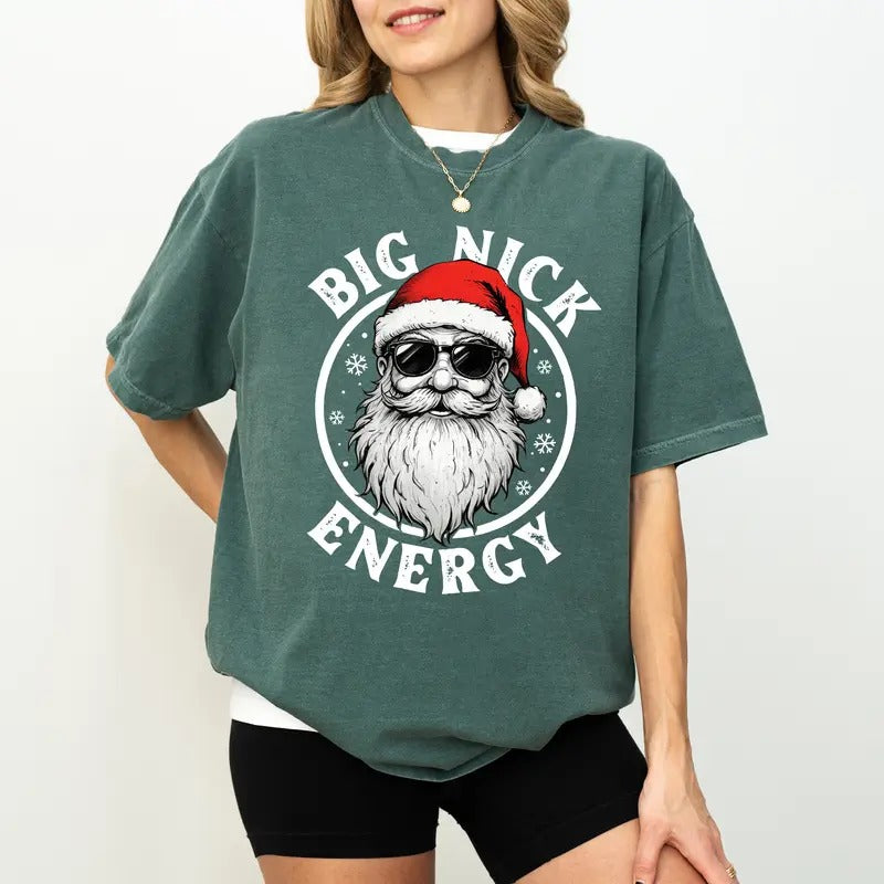 Retro Big Nick Energy Santa with Glasses Shirt Comfort Colors, Cool Christmas Santa Claus T-shirt, Christmas Season Tops,...