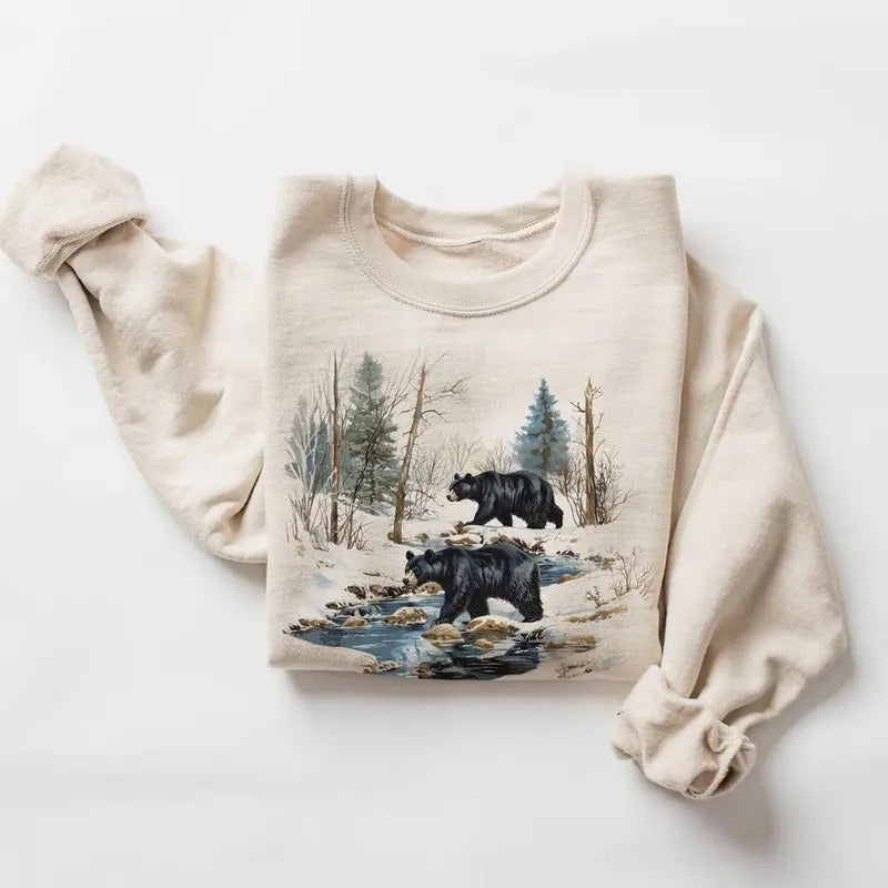 Retro Black Bears Winter Creek Scene Sweatshirt