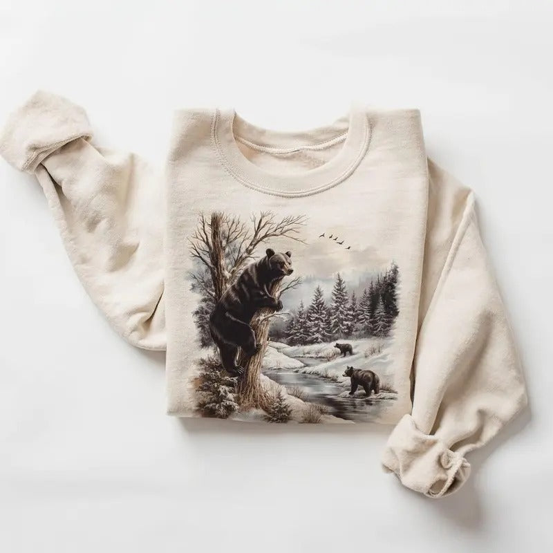 Retro Black Bears Winter River Scene Sweatshirt