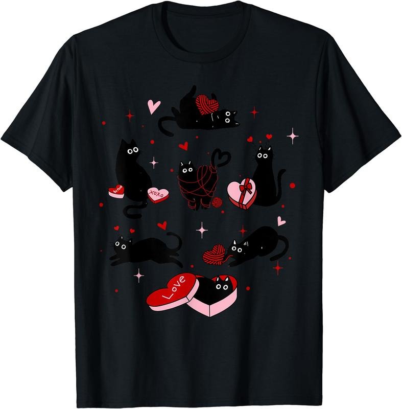 Retro Black Cat Playing Heart Cat Kitty Lover Cotton Shirt Hoodie Sweatshirt