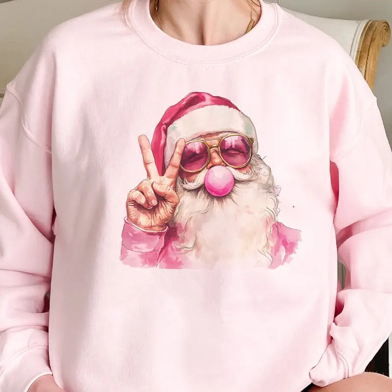 Retro Bubblegum Santa Peace Sweatshirt Christmas Santa Clause Bubblegum Blowing Pullover Santa Peace Sign Retro Christmas...