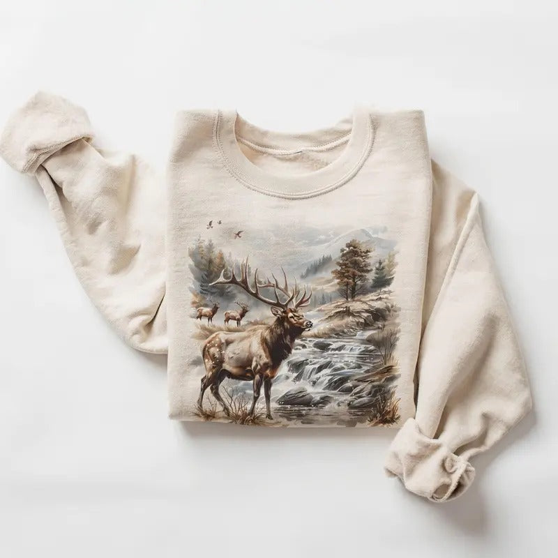 Retro Bull Elk Wilderness Scene Sweatshirt - Nineties Vintage Elk Nature Outfit