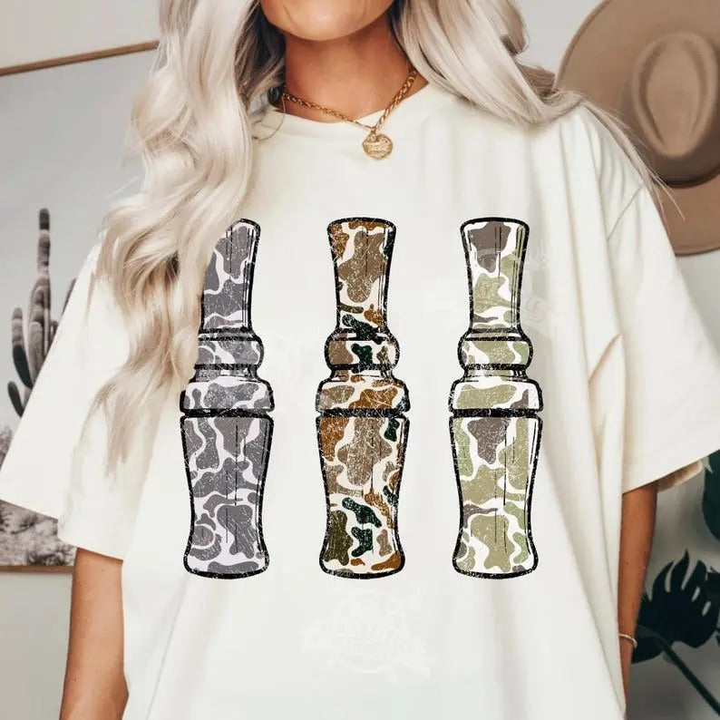 Retro Camo Duck Calls Unisex Tee, Duck Camo Hunting Shirt, Duck Hunt Design, Casual Wear Crewneck Top Hoodie Sweatshirt