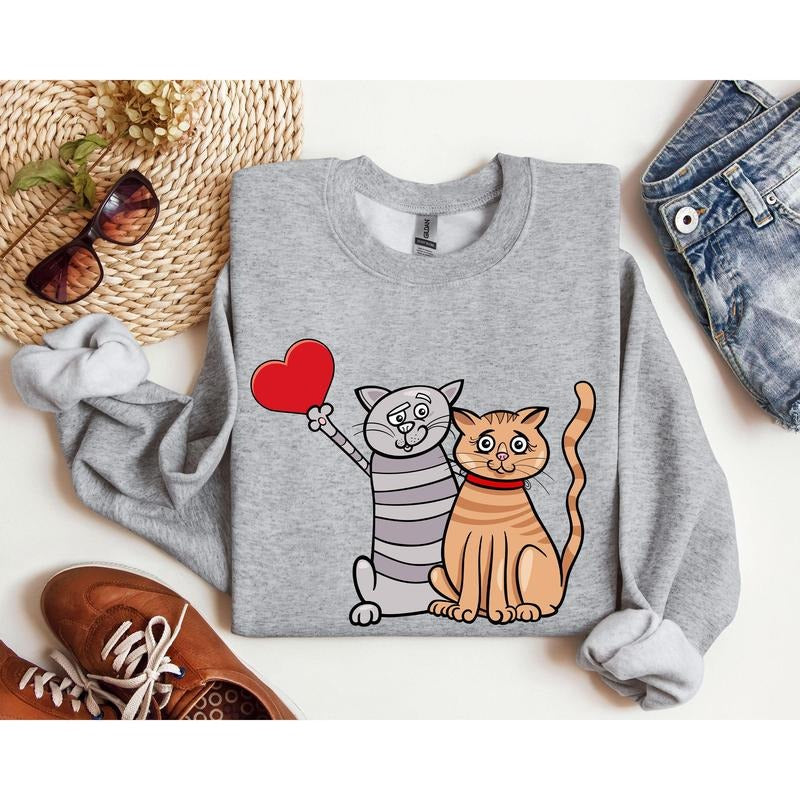 Retro Cat Lovers Funny Sweatshirt, Vintage Valentine's Day Sweatshirt, Crew Neck, Women's, Crewneck, Valentine's Day,...