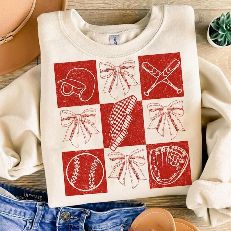 Retro Checkered Baseball Coquette , Game Day Bow , Baseball Mama , Game Day Sweatshirt Crewneck Classic Shirt Hoodie
