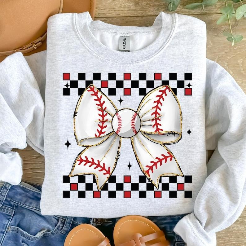 Retro Checkered Baseball Mom , Game Day, Baseball Coquette Bow ,Mama Sweatshirt Crewneck Classic Shirt Hoodie