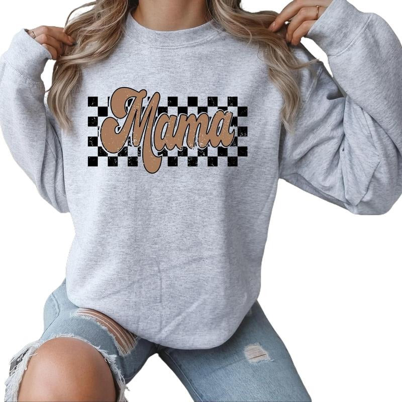 Retro Checkered Distressed Mama Crewneck Sweatshirt T-Shirts, Hoodie | PrintMintTees.com