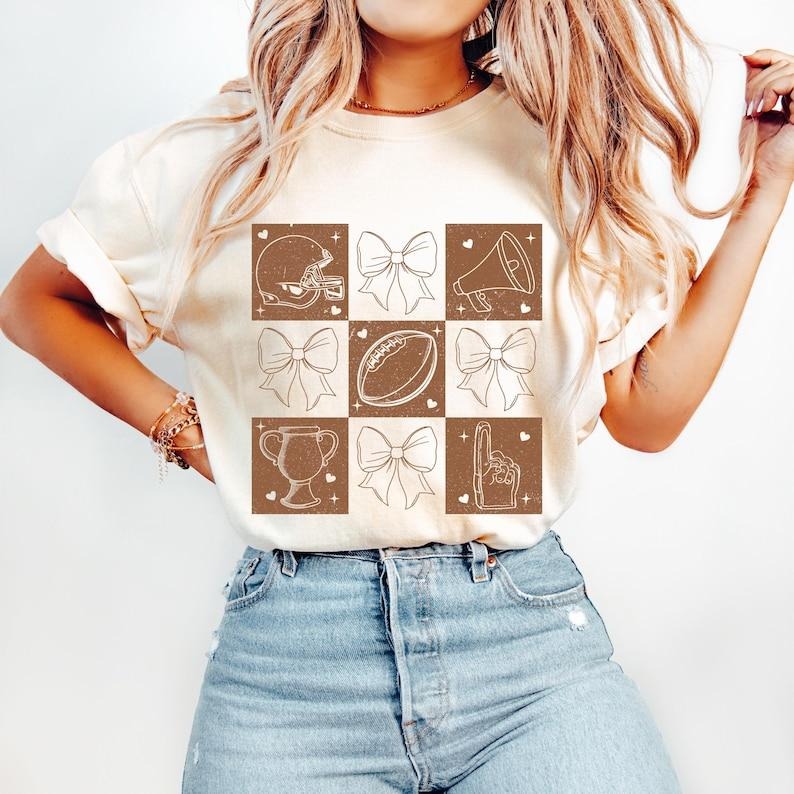 Retro Checkered Football Coquette, Game Day Football, Football Mom, Mama Bow Tshirt Hoodie Sweatshirt | PrintMintTees.com