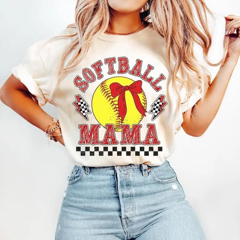 Retro Checkered Softball Mama Coquette tShirt-sweatshirt-hoodie, Game Day Softball tshirt, Softball Mom sweatshirt,...