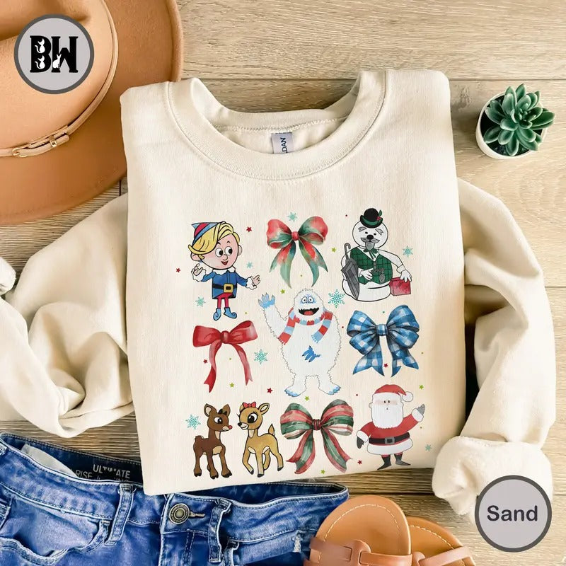 Retro Christmas Cartoon Friends Sweatshirt, Coquette Christmas Sweatshirt, Snow Holiday Shirt, Cute Cartoon Characters...