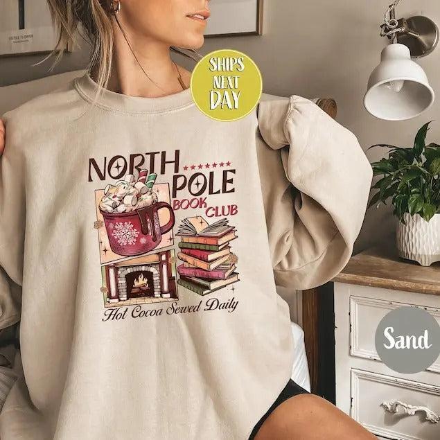 Retro Christmas North Pole Book Club Hot Cocoa Served Daily Sweatshirt, Christmas Book Club, North Pole Readers Shirt,...