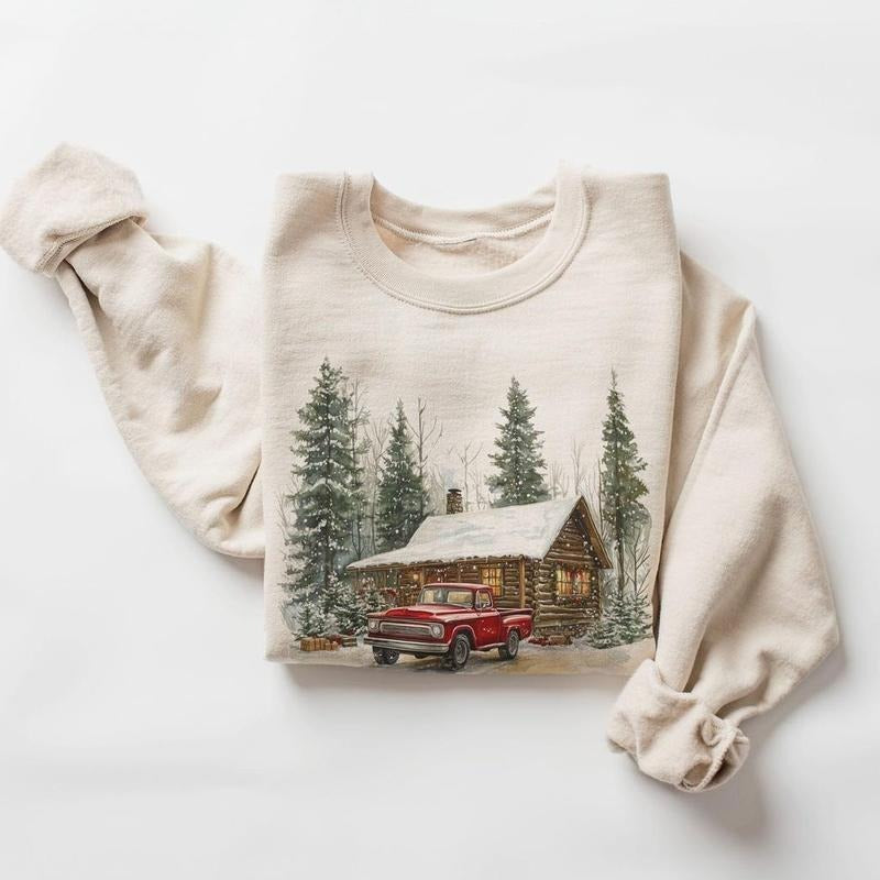 Retro Christmas Red Pickup Truck Winter Cabin Sweatshirt