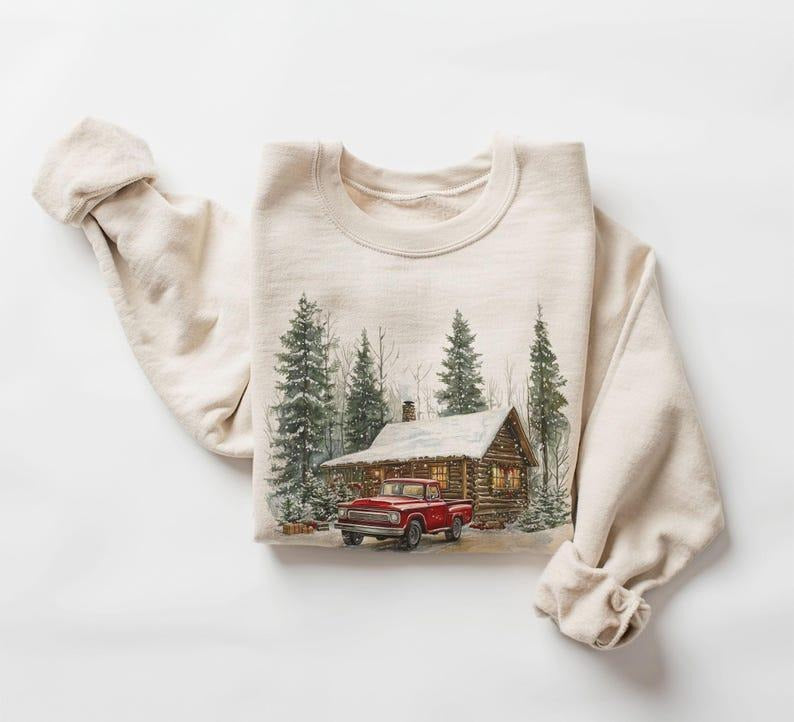 Retro Christmas Red Pickup Truck Winter Cabin Sweatshirt, 90s Mountain Pine Trees Snowy Day Outfit, Boho Unisex Crewneck...