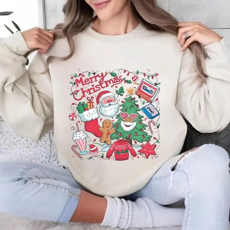 Retro Christmas Santa Clausmerry Christmas , vibes Milk Cookie For Santa Sweatshirt Cotton Crewneck Shirt Hoodie