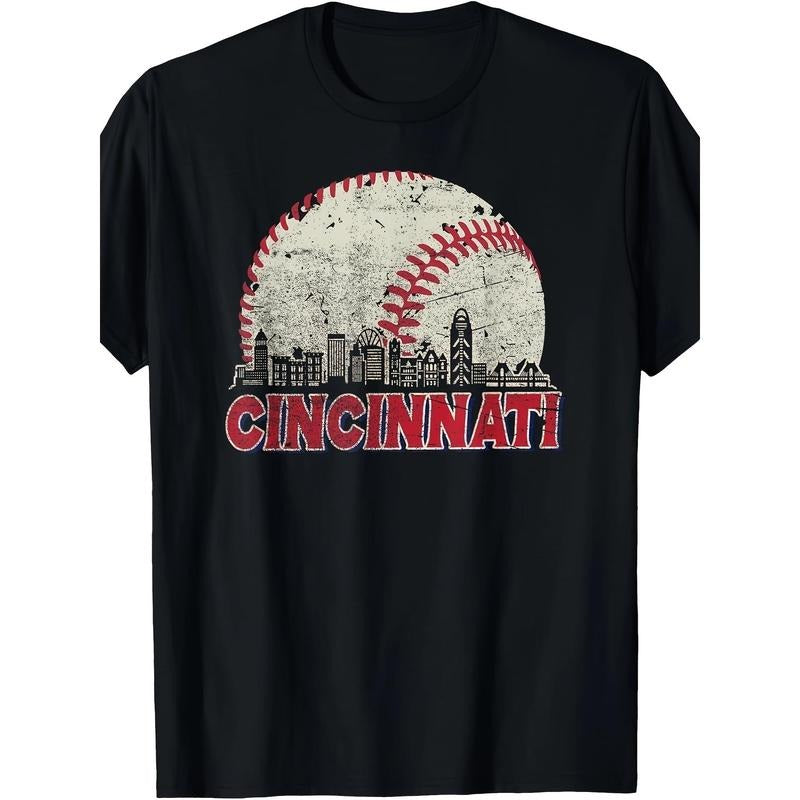 Retro Cincinnati cityscape baseball fan men's T-shirt made in usa Hoodie Sweatshirt | PrintMintTees.com