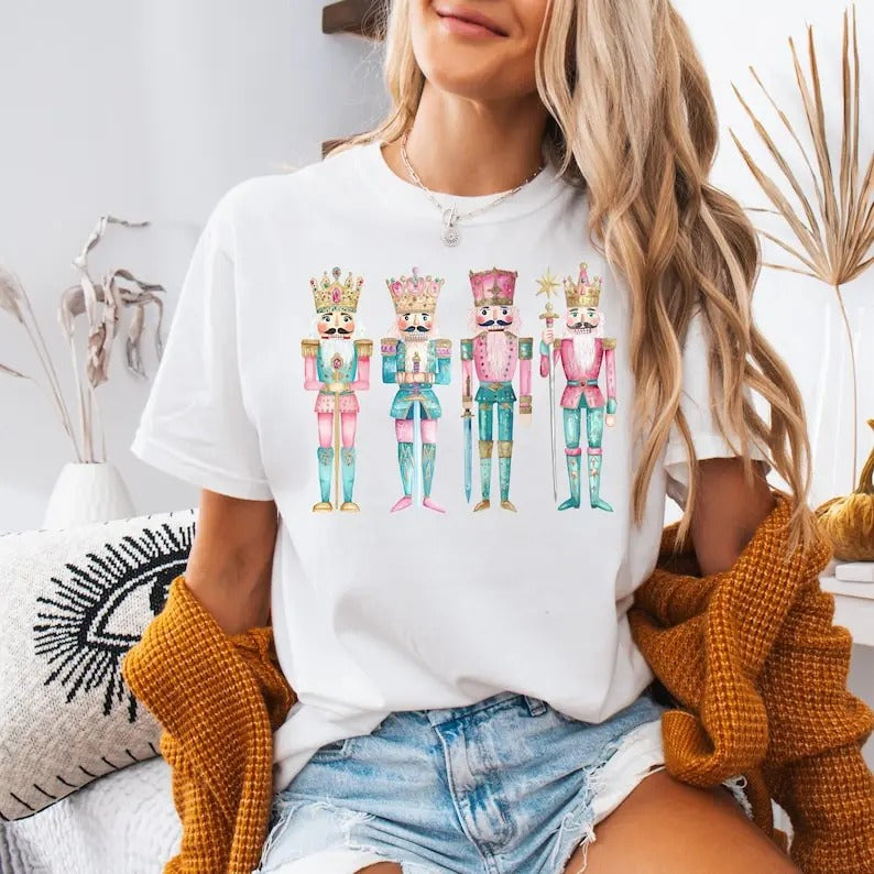 Retro Colors Nutcracker Christmas T-Shirt, Women's Holiday Tee, Watercolor Holiday T-Shirt, Holiday Party Gift, Festive...