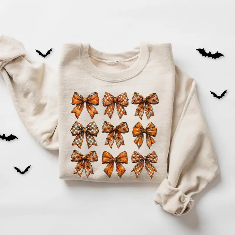 Retro Coquette Bow Pumpkin Sweatshirt, Pumpkin Bow Sweater, Womens Fall Sweatshirt, Cute Autumn Fall Shirt, Fall...