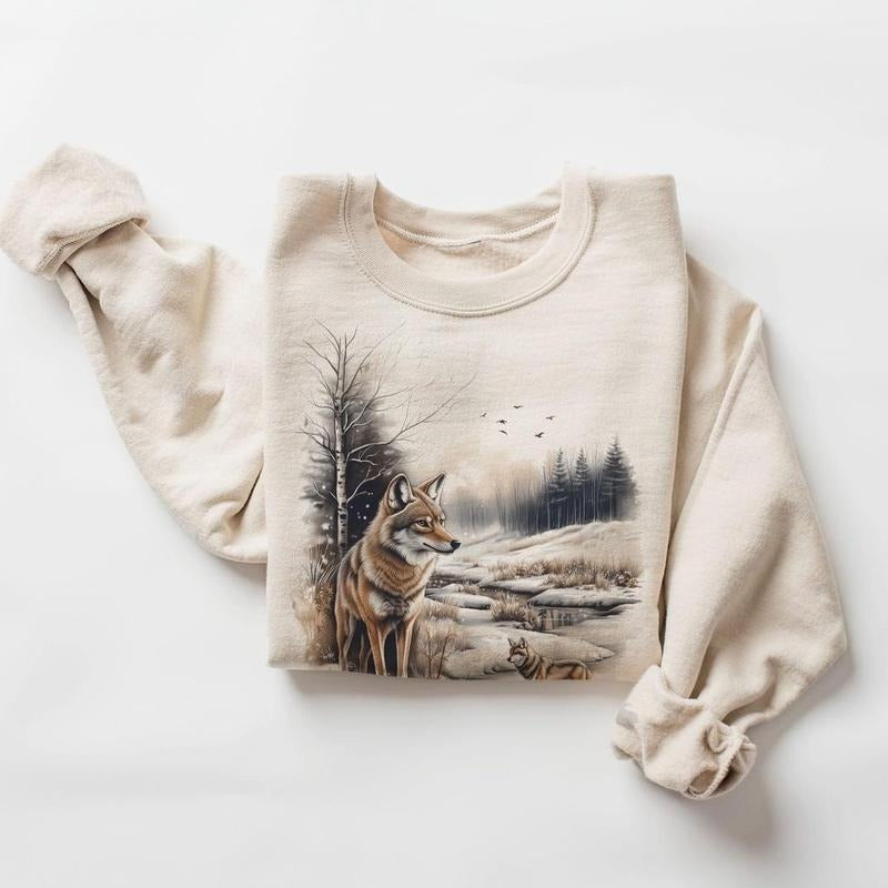 Retro Coyotes Winter Forest Scene Sweatshirt
