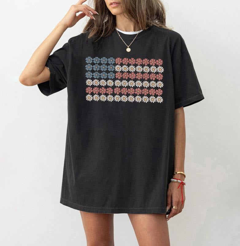 Retro Daisy Flower American Flag Shirt, 4th of July Shirts, Womens Fourth of July Shirt, USA Graphic Tee, Patriotic...